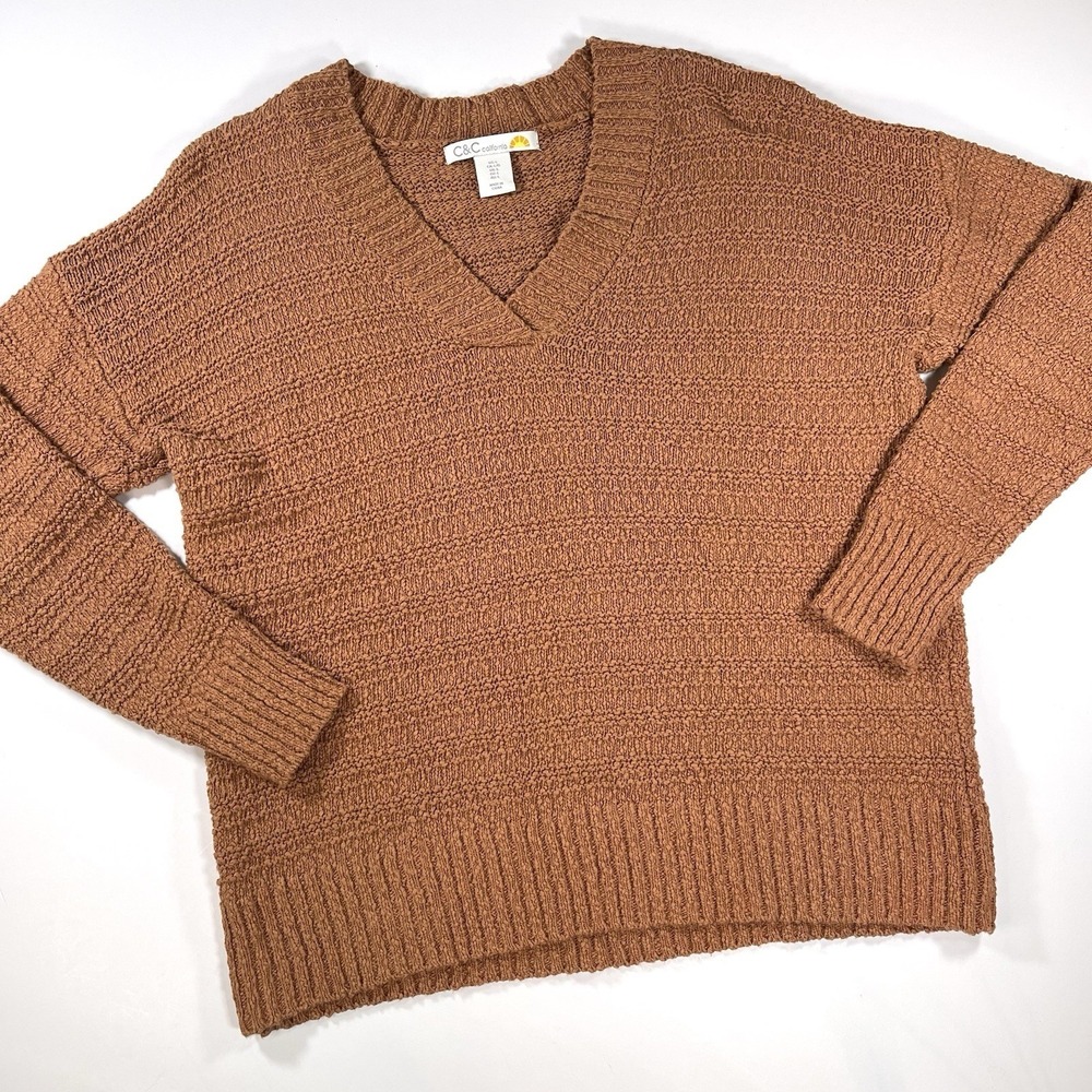 C & C California V Neck Knit Sweater Pullover Brown L 100% Cotton